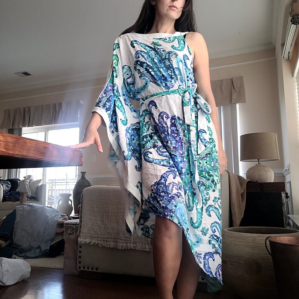 Valtadoros Chic Assymetrical Dress Cover up White Blue Sz S